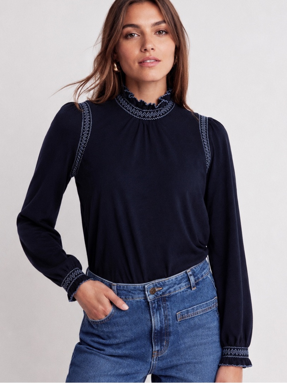 Boden Tia Smock Neck Top Navy Blue Contrast Stitch Long Sleeve Cotton Size L